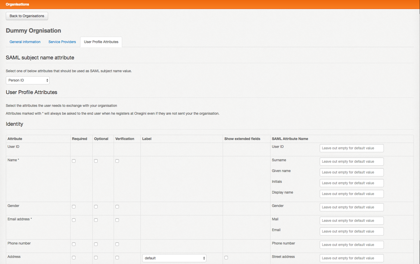 Organisation attributes configuration screen