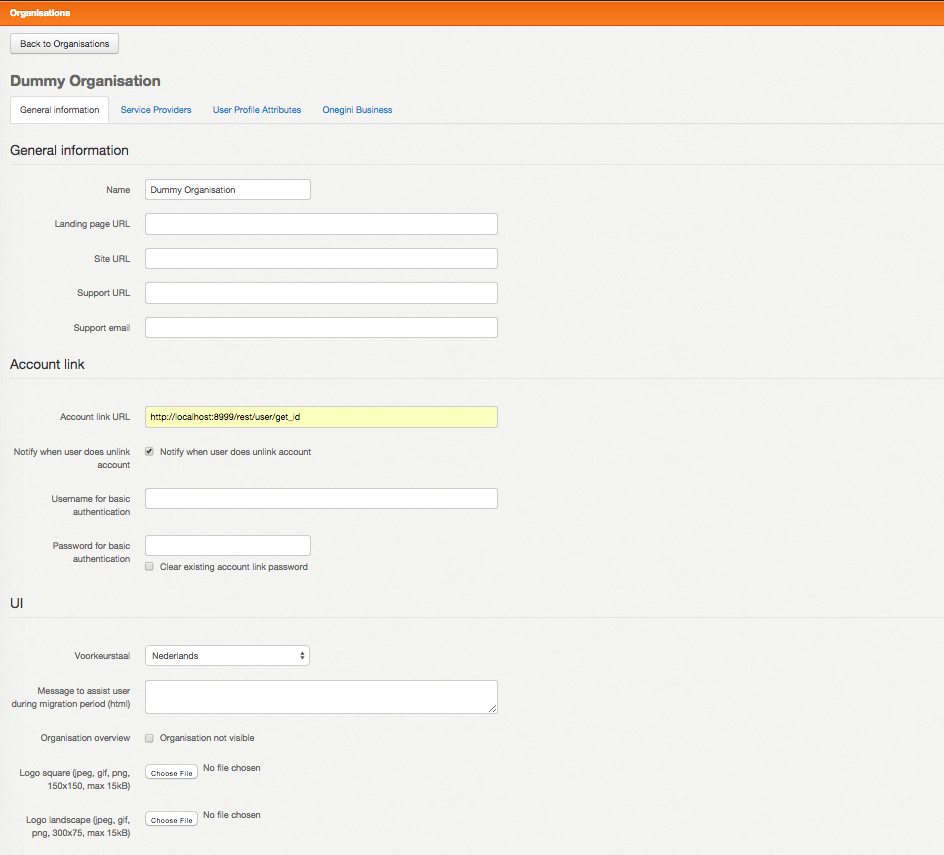 Organisation general information configuration screen